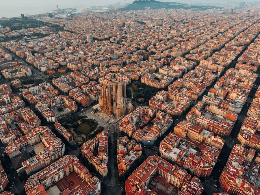 Aerial view over the city blocks of Barcelona, Spain