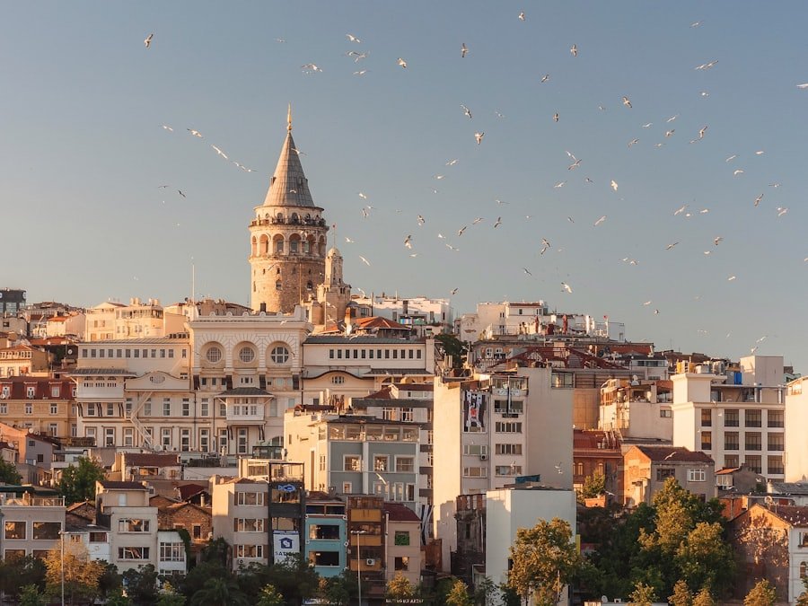The Galata Tower rising above the rooftops of Istanbul, Turkey