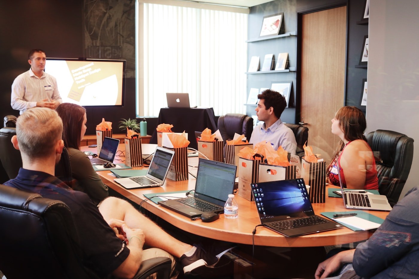 Professionals meeting in a modern international office